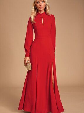 Lulus Noura Red Mock Neck Long Sleeve Maxi Dress - Size XS